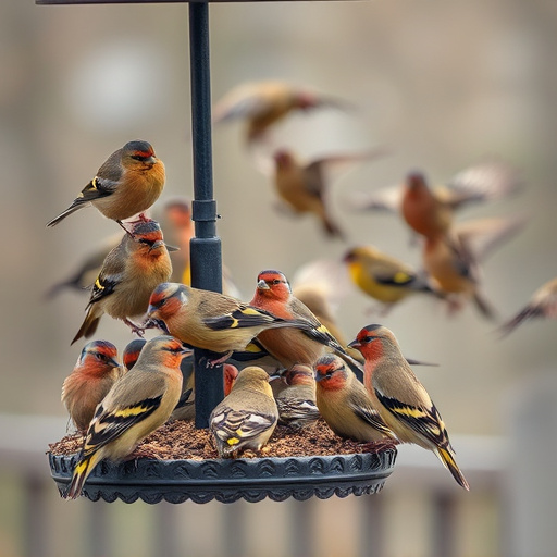 Finch flock gathered around seed station