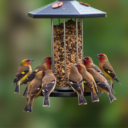 Finch flock gathered around seed station