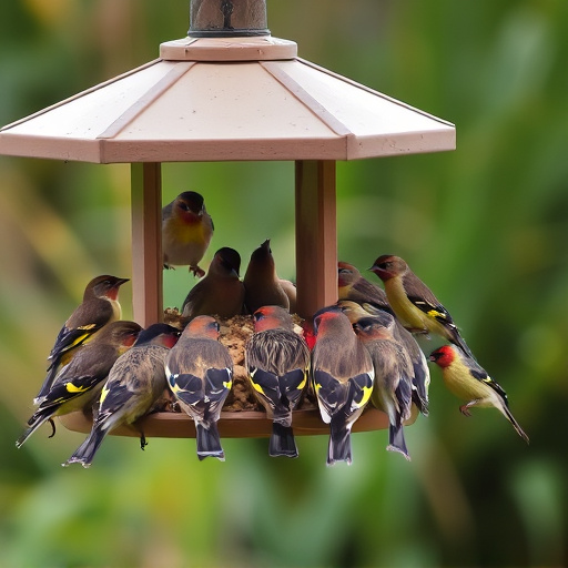 Finch flock gathered around seed station