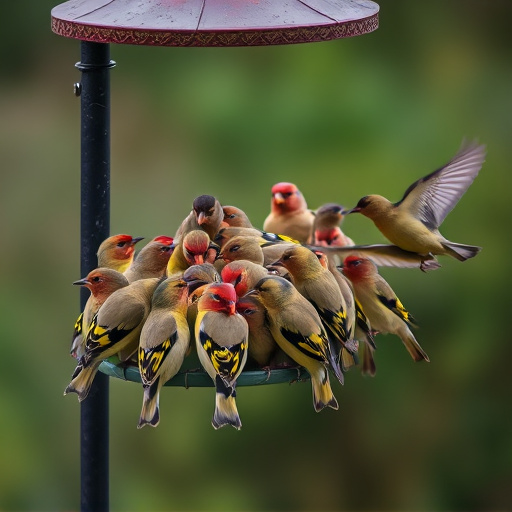 Finch flock gathered around seed station