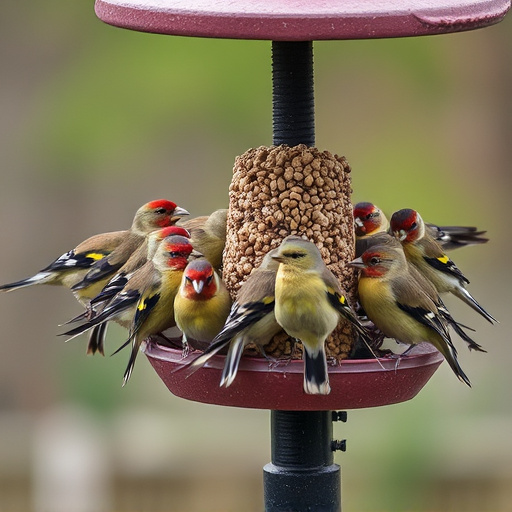 Finch flock gathered around seed station