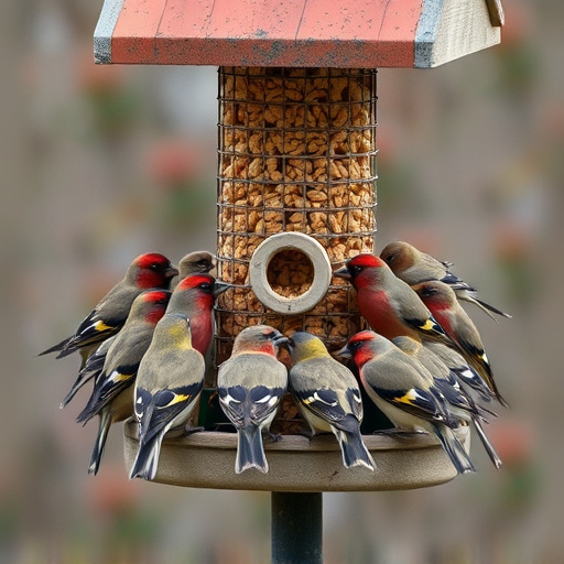 Finch flock gathered around seed station