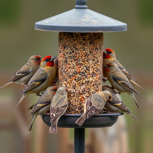 Finch flock gathered around seed station