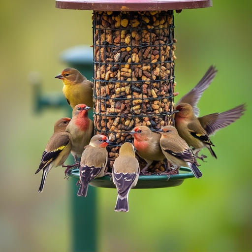 Finch flock gathered around seed station