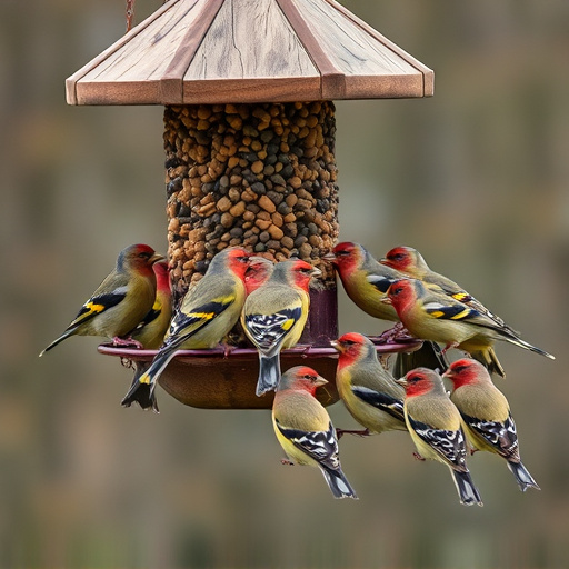 Finch flock gathered around seed station