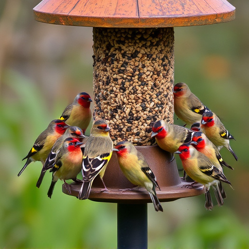 Finch flock gathered around seed station