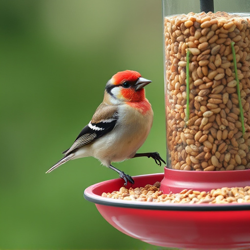 Finch on hanging feeder with tiny seeds