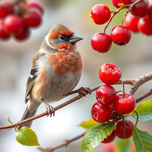 Finch perched beside berry-flavoured suet