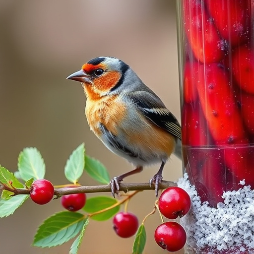 Finch perched beside berry-flavoured suet
