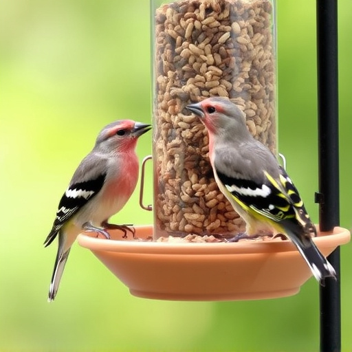 Finches eating from seed-filled feeder