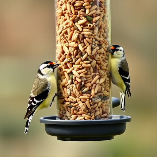 Finches eating from seed-filled feeder
