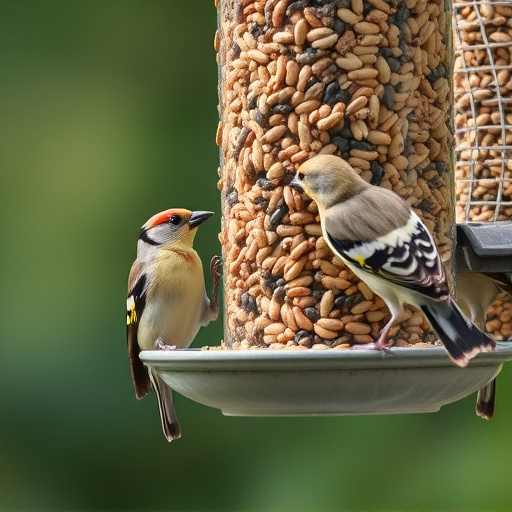 Finches eating from seed-filled feeder