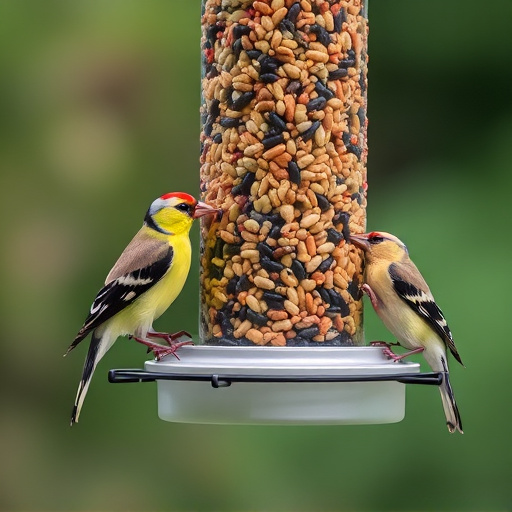 Finches eating from seed-filled feeder