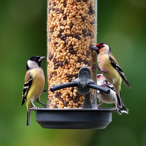Finches eating from seed-filled feeder