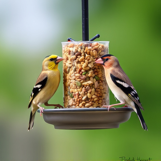 Finches eating from seed-filled feeder