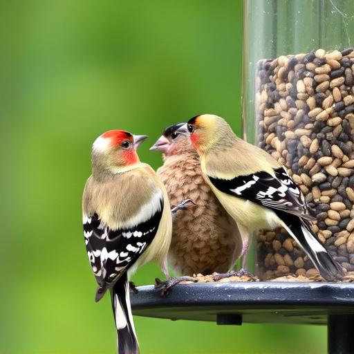 Finches eating from seed-filled feeder