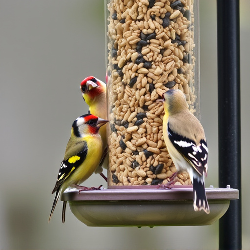 Finches eating from seed-filled feeder