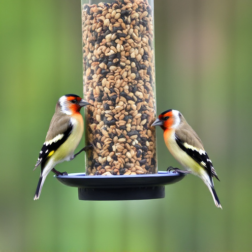 Finches eating from seed-filled feeder