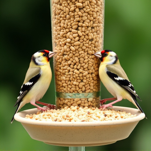 Finches feeding on nyjer seed feeder