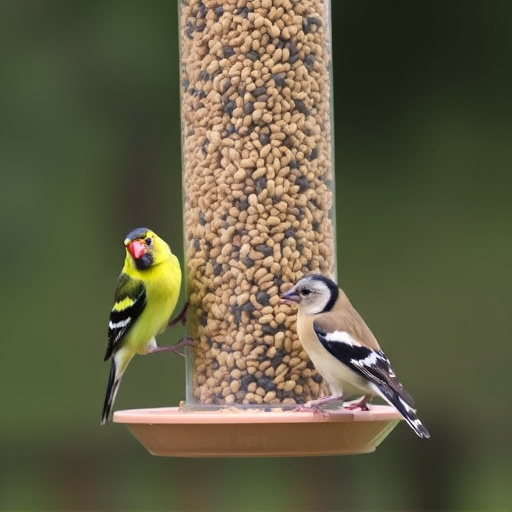 Finches feeding on nyjer seed feeder