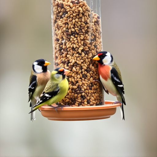 Finches feeding on nyjer seed feeder