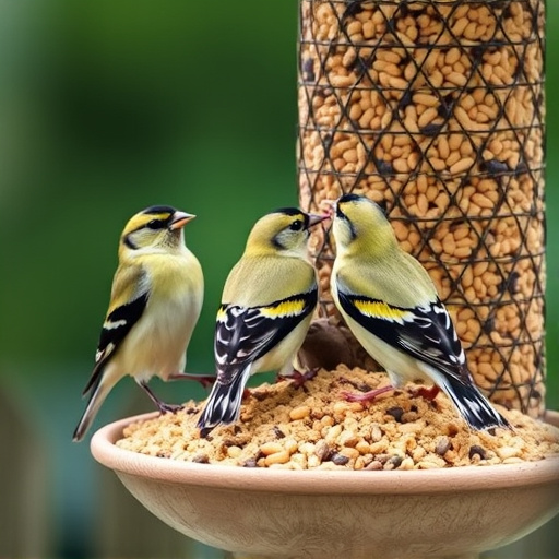 Finches feeding on nyjer seed feeder