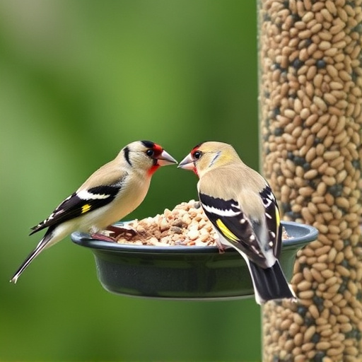 Finches feeding on nyjer seed feeder