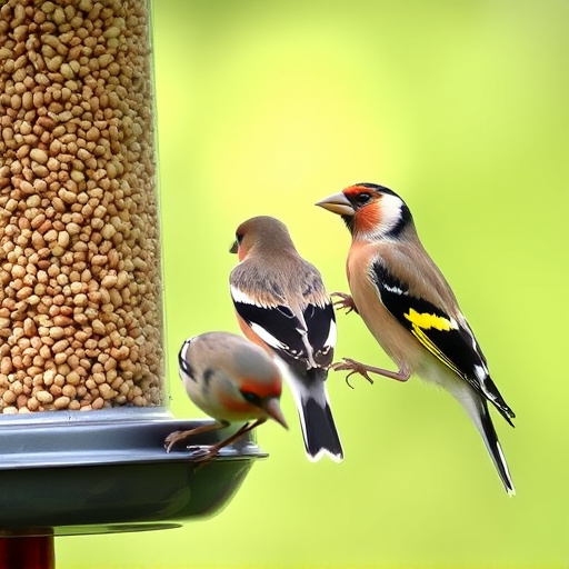 Finches feeding on nyjer seed feeder