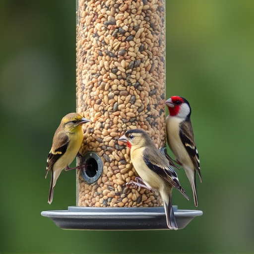 Finches feeding on nyjer seed feeder