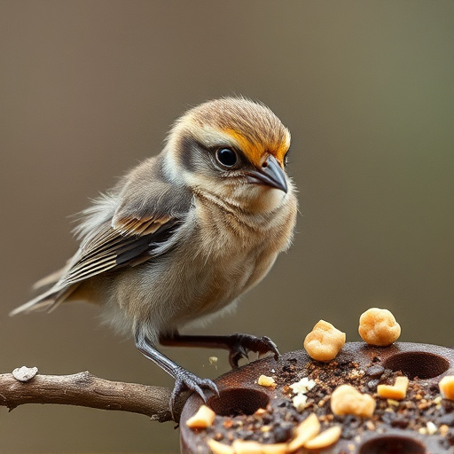 Fledgling bird receiving nutritious meal
