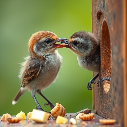 Fledgling bird receiving nutritious meal