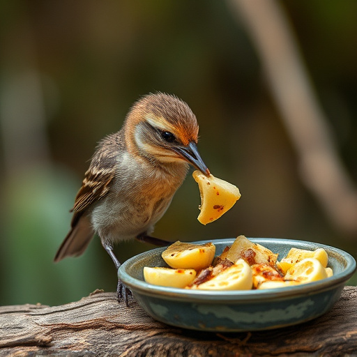 Fledgling bird receiving nutritious meal