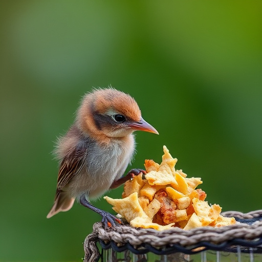 Fledgling bird receiving nutritious meal