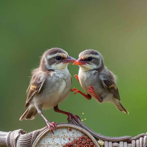 Fledgling bird receiving nutritious meal