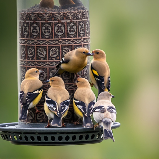 Flock of finches on nyjer feeder