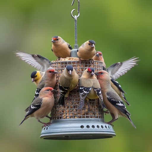 Flock of finches on nyjer feeder