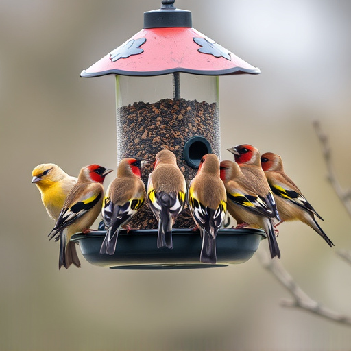 Flock of finches on nyjer feeder