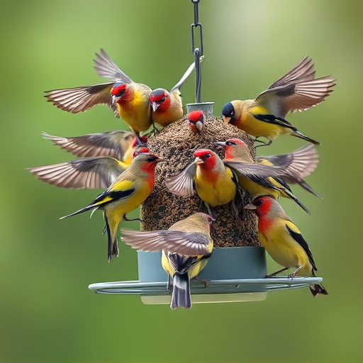 Flock of finches on nyjer feeder