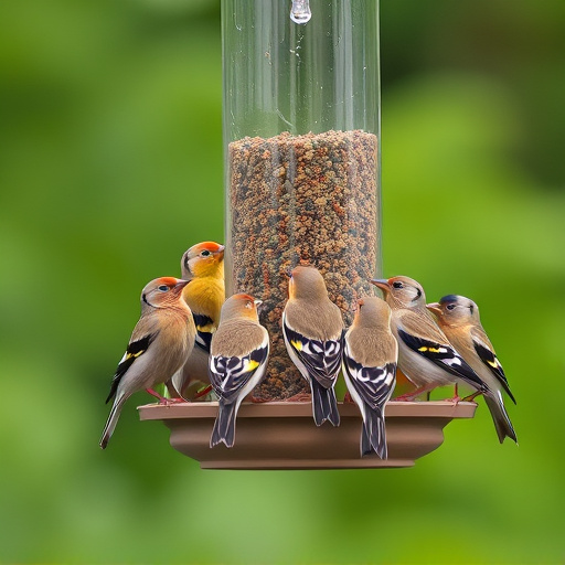 Flock of finches on nyjer feeder