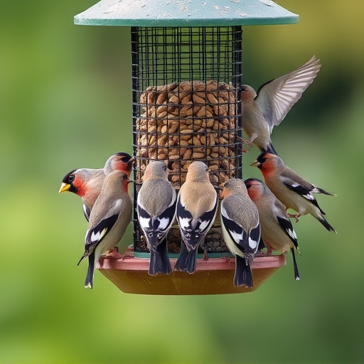 Flock of finches on nyjer feeder