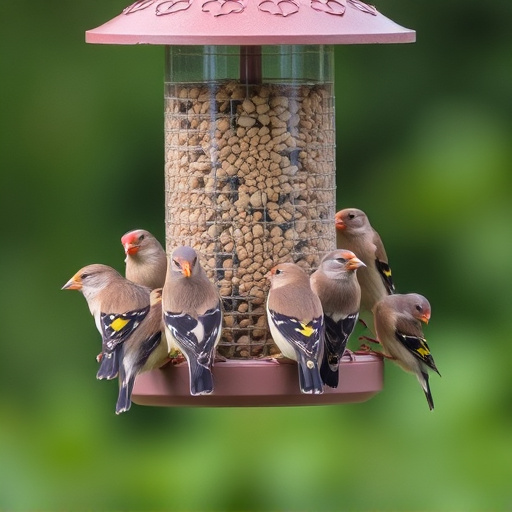 Flock of finches on nyjer feeder