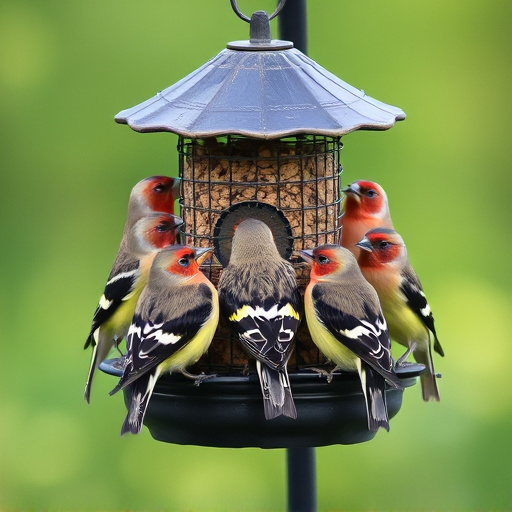 Flock of finches on nyjer feeder