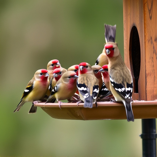 Flock of finches on nyjer feeder