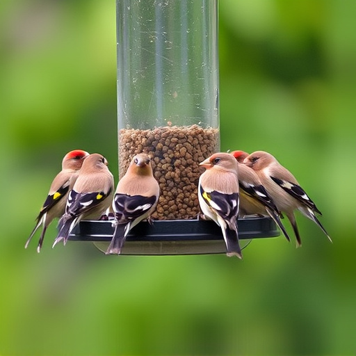 Flock of finches on nyjer feeder