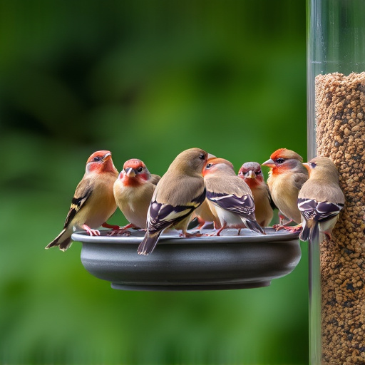 Flock of finches on nyjer feeder