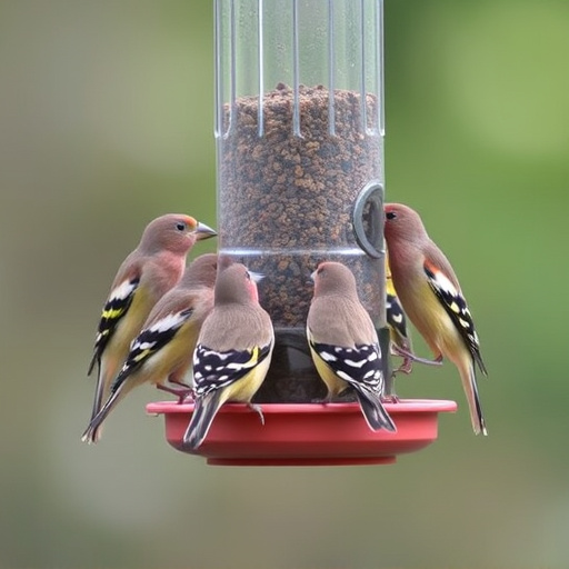 Flock of finches on nyjer feeder