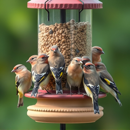 Flock of finches on nyjer feeder