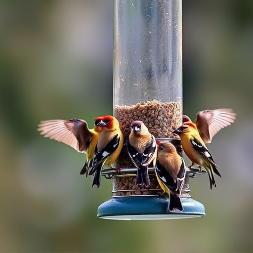 Flock of finches on nyjer feeder