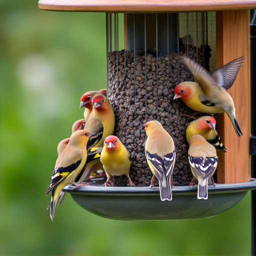 Flock of finches on nyjer feeder
