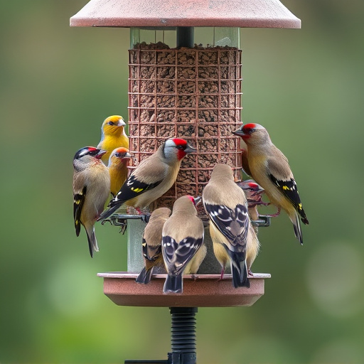 Flock of finches on nyjer feeder